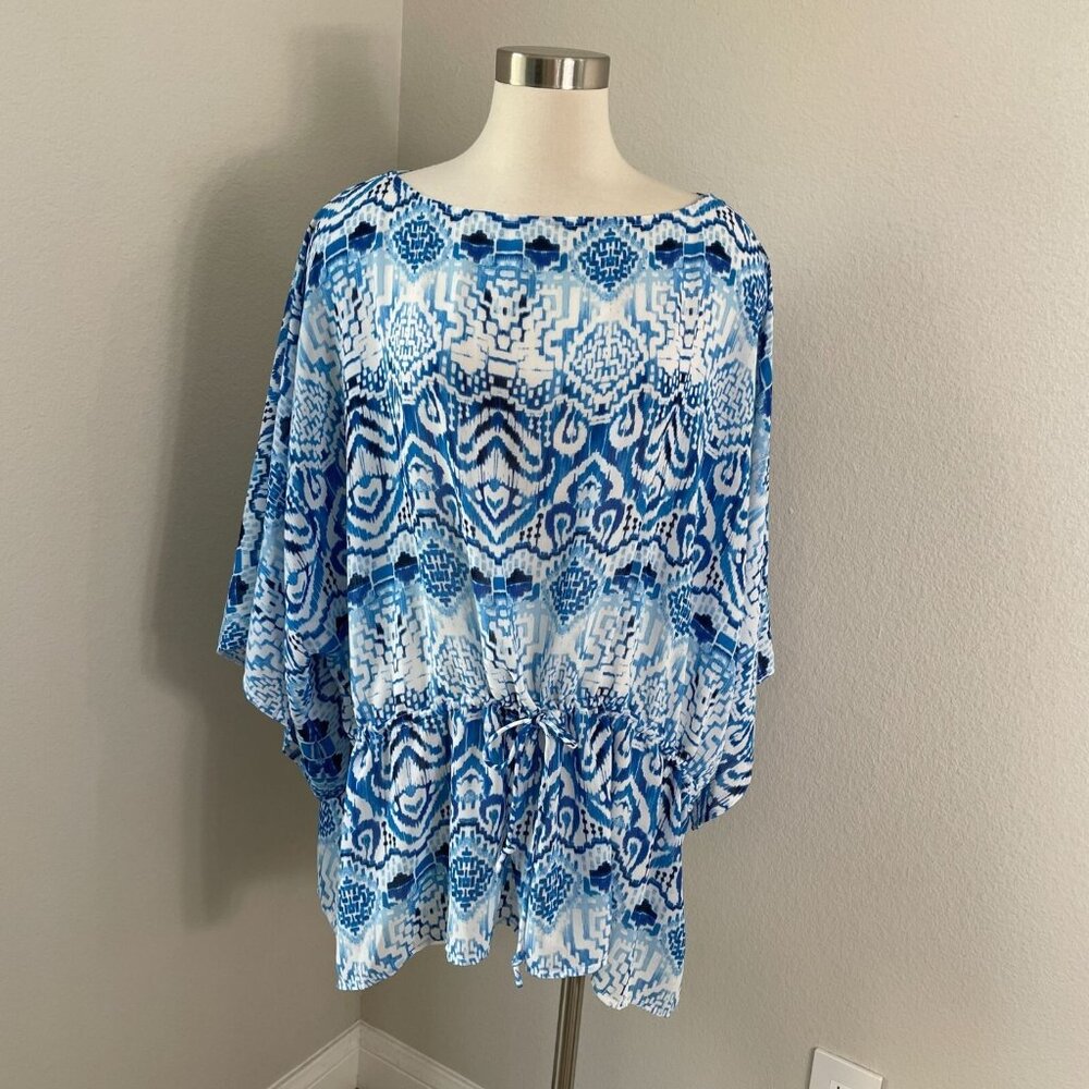 Chaps Womens Plus 3X‎ Boho Tunic Top Drawstring Waist Kimono Sleeve Shirt